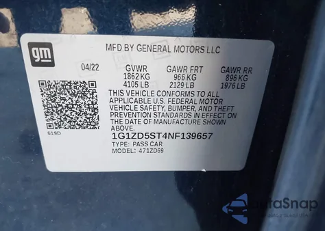 2022 Chevrolet Malibu Fwd Lt z USA, uszkodzony, nr VIN 1G1ZD5ST4NF139657